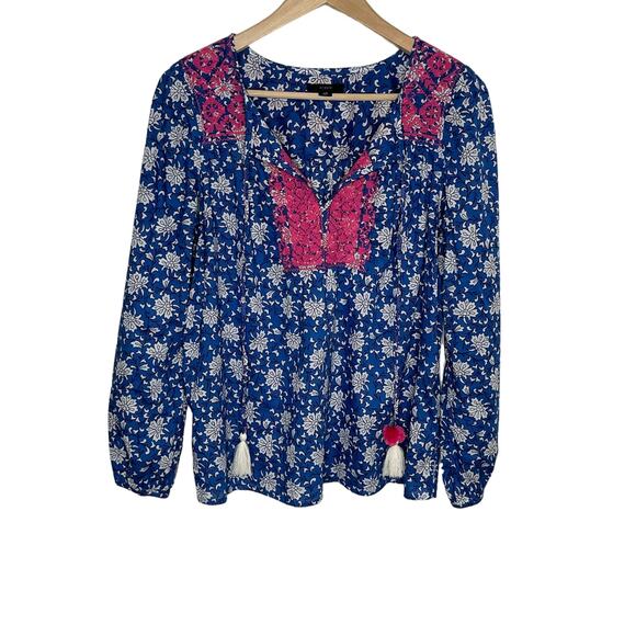 J. Crew Womens Embroidered Peasant Top XS Blue Pink V Neck Tasseled Cotton - Picture 2 of 11